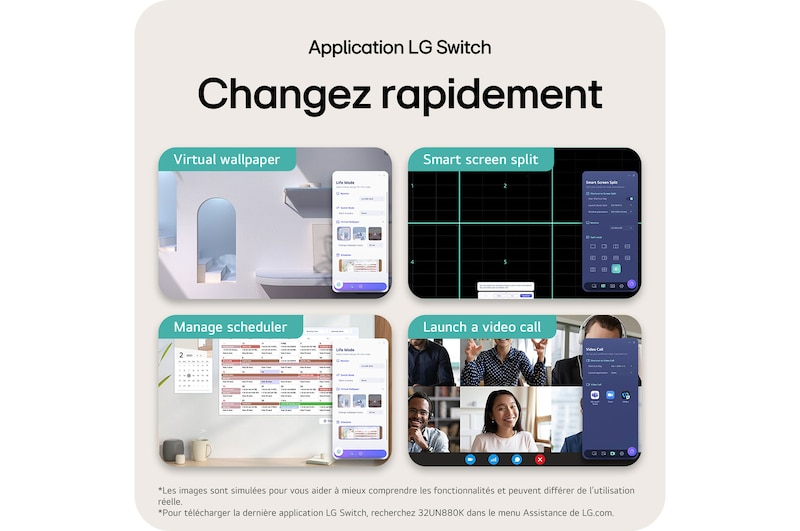 Moniteur Ergo LG 32UN880K-B illustrant l'Application LG Switch : changer rapidement entre l'écran partagé, la gestion du calendrier, l'appel vidéo et le fond d'écran virtuel.
