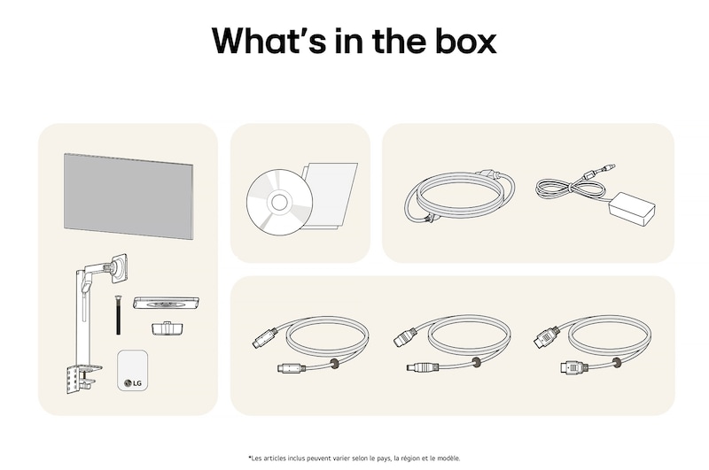 Moniteur LG 32UN880K affichant un aperçu de tous les composants fournis, incluant le corps du moniteur, le support Ergo, le manuel, l'adaptateur secteur et les câbles HDMI, DP et USB-C.