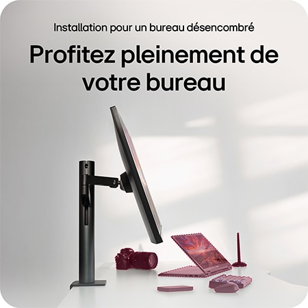 Moniteur LG 32UN880K présentant l'utilisation complète de l'espace de travail grâce au support Ergo pour un bureau rangé et efficace.