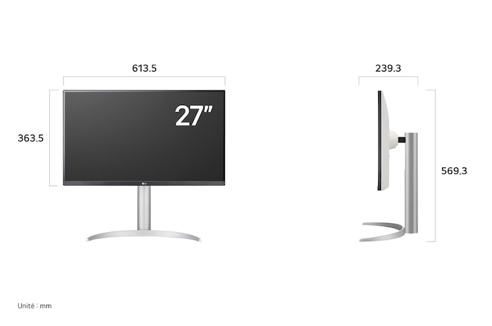 Moniteur LG 27UP850K au fini blanc/argent affichant les dimensions de l'écran de 27 pouces, mesurant 613.5 mm de largeur, 363.5 mm de hauteur d'écran, 569.3 mm de hauteur totale et 239.3 mm de profondeur.