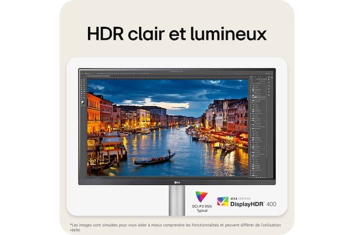 Moniteur LG 27UP850K offrant un HDR clair et lumineux avec certification VESA DisplayHDR™ 400 et 95% de l'espace couleur DCI-P3 pour l'édition photo précise.