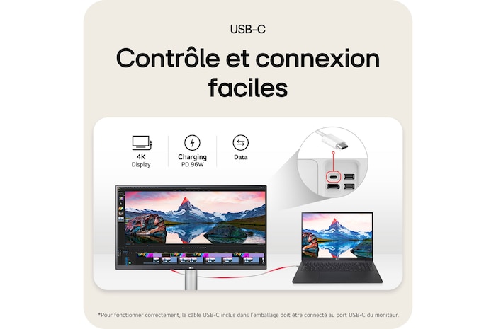 Moniteur LG 27UP850K présentant la connectivité USB-C sans souci, prenant en charge l'affichage 4K, les données et l'alimentation de 96W via un seul câble.