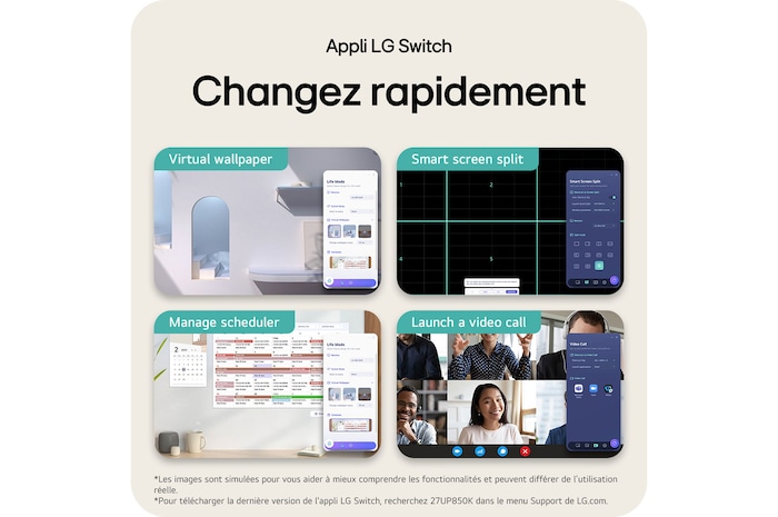 Moniteur LG 27UP850K présentant la capacité de commutation rapide de l'Application LG Switch entre fond d'écran virtuel, division d'écran intelligente, gestion de l'agenda et appels vidéo.
