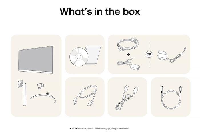 Moniteur LG 27UP850K affichant un aperçu de tous les composants fournis, incluant le corps du moniteur, le support, le manuel, l'adaptateur secteur et les câbles HDMI, DP et USB-C.