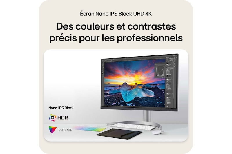 Moniteur LG32UQ850V-W, doté d'une Dalle Nano IPS Black et du DCI-P3 98%, offrant des couleurs et contrastes précis en 4K UHD pour les professionnels.