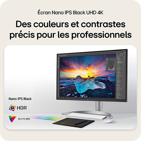 Moniteur LG32UQ850V-W, doté d'une Dalle Nano IPS Black et du DCI-P3 98%, offrant des couleurs et contrastes précis en 4K UHD pour les professionnels.