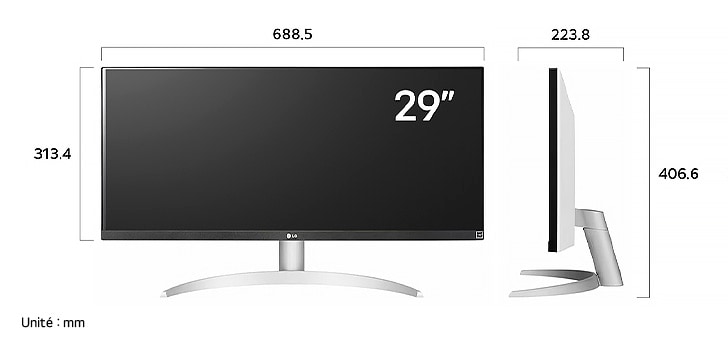 Moniteur LG UltraWide 29WQ600 en finition blanche affichant les dimensions, mesurant 688,5 mm de largeur, 313,4 mm de hauteur d'écran, 406,6 mm de hauteur totale et 223,8 mm de profondeur.