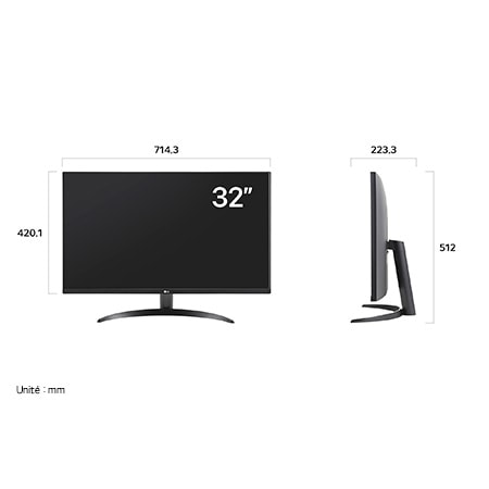 Moniteur LG 32UR500K affichant les dimensions, mesurant 714,3 mm de largeur, 420,1 mm de hauteur d'écran, 512 mm de hauteur totale et 223,3 mm de profondeur.