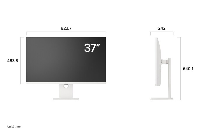 Écran LG UltraFine Display 37U730SA au fini blanc affichant les dimensions de face et de profil, mesurant 823.7 mm de largeur, 483.8 mm de hauteur d'écran, 640.1 mm de hauteur totale et 242 mm de profondeur.