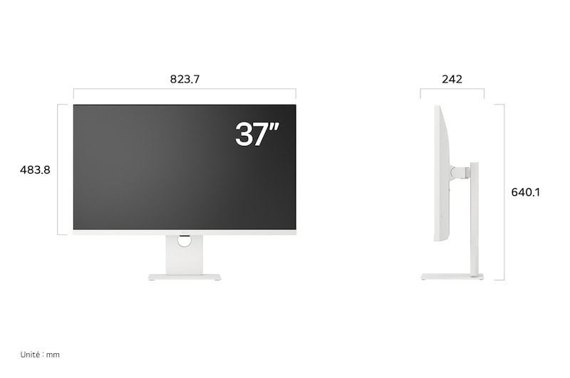 Écran LG UltraFine Display 37U730SA au fini blanc affichant les dimensions de face et de profil, mesurant 823.7 mm de largeur, 483.8 mm de hauteur d'écran, 640.1 mm de hauteur totale et 242 mm de profondeur.