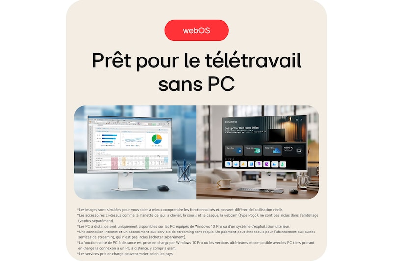 Moniteur LG 37U730SA présentant la fonction webOS avec Bureau à Domicile, permettant de travailler entièrement sans PC grâce à la connexion PC à distance et à l'accès aux applications.