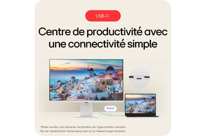 Moniteur LG 37U730SA se présentant comme un hub de productivité avec une connectivité USB-C simple et une fonction de charge de 65W pour les ordinateurs portables.