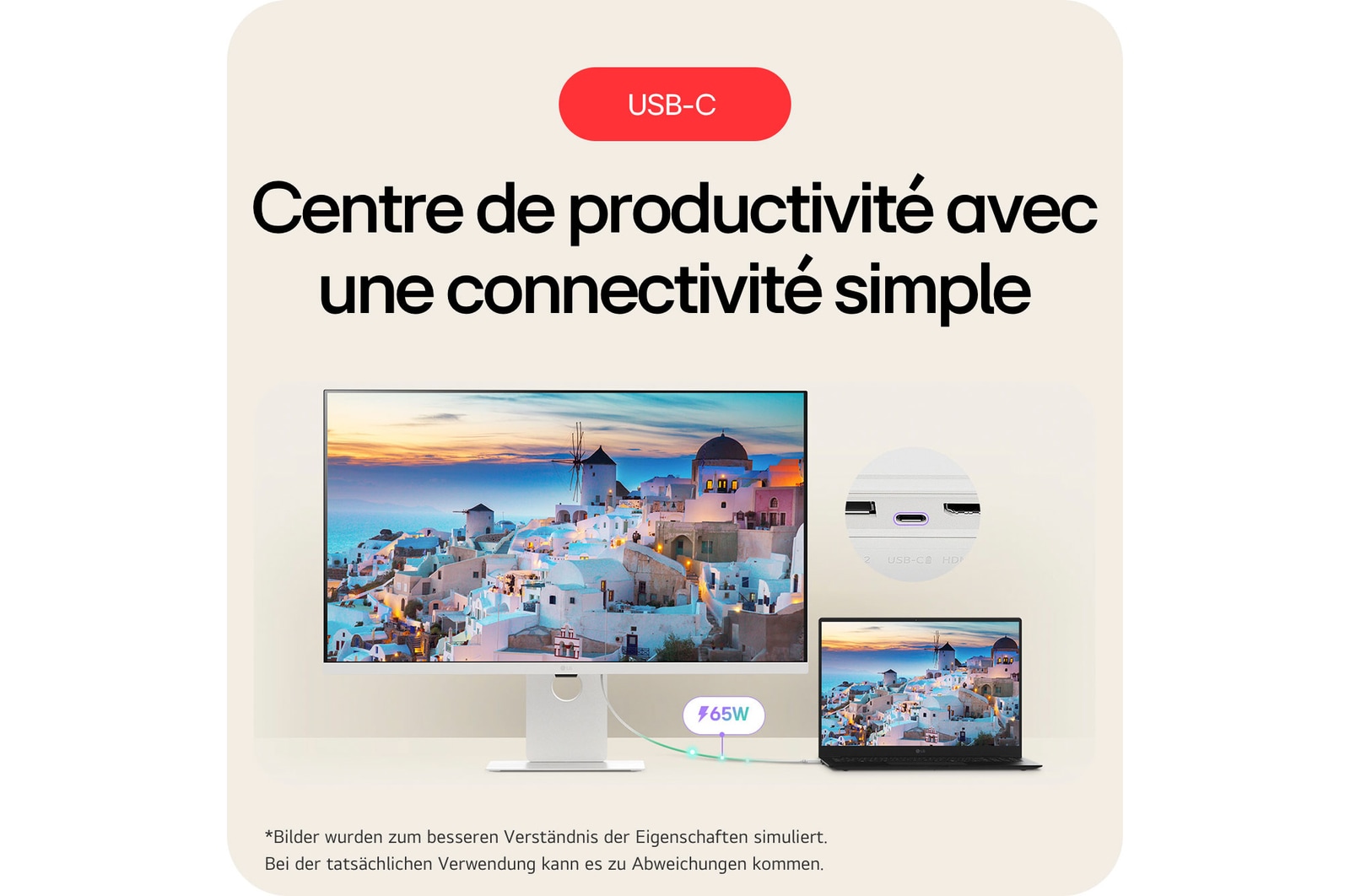 Moniteur LG 37U730SA se présentant comme un hub de productivité avec une connectivité USB-C simple et une fonction de charge de 65W pour les ordinateurs portables.