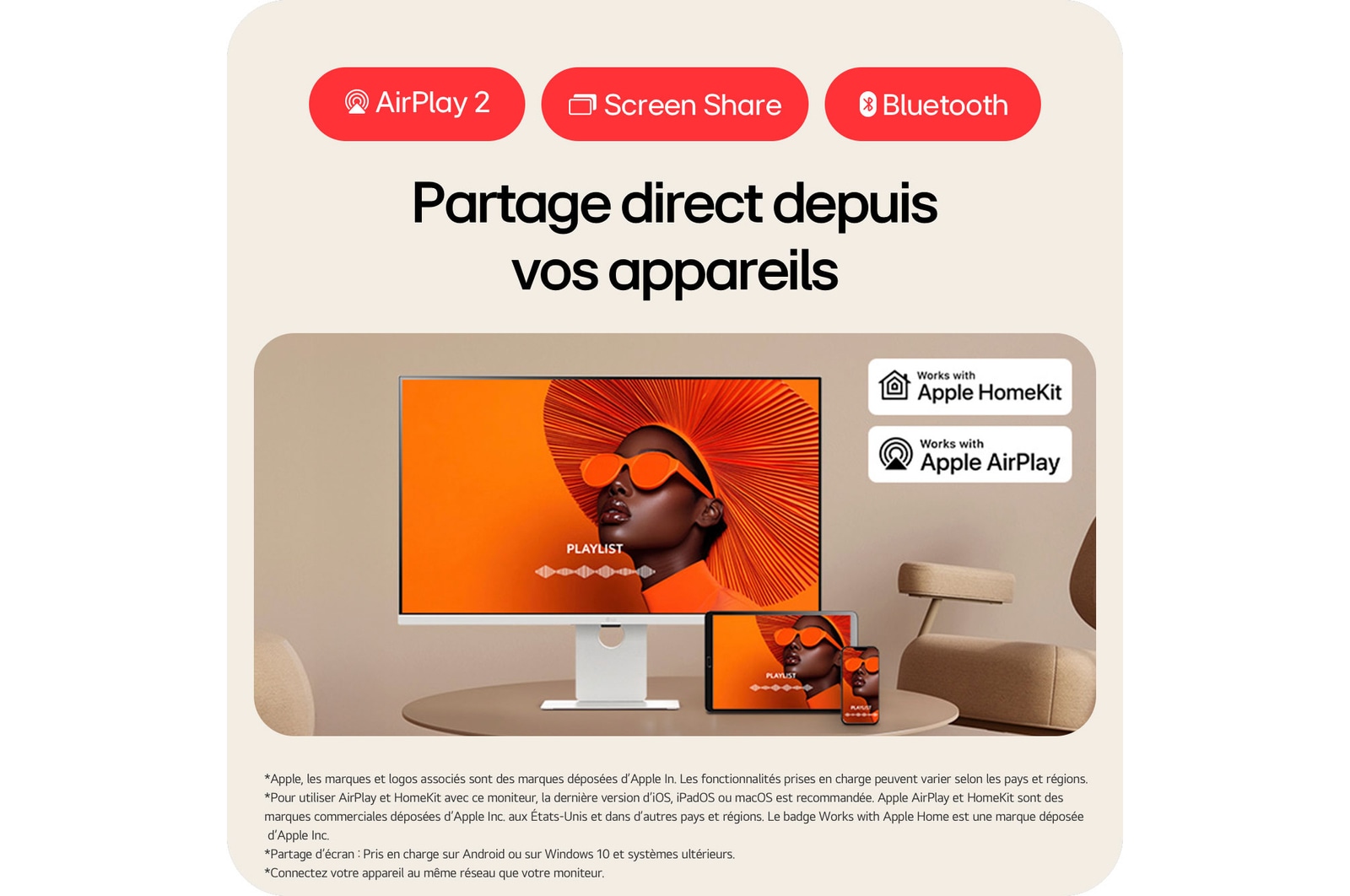 Moniteur LG 37U730SA met en évidence la mise en miroir sans fil de contenu de smartphones et tablettes via AirPlay 2 et Screen Share avec Bluetooth intégré.
