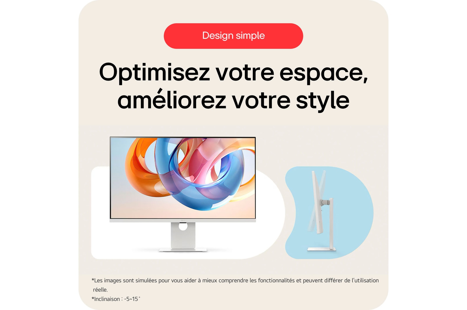 Moniteur LG 37U730SA présentant son design simple qui optimise l'espace et améliore le style, avec fonction d'inclinaison et un support minimaliste.