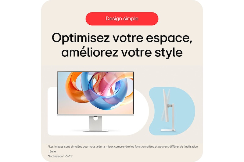 Moniteur LG 37U730SA présentant son design simple qui optimise l'espace et améliore le style, avec fonction d'inclinaison et un support minimaliste.