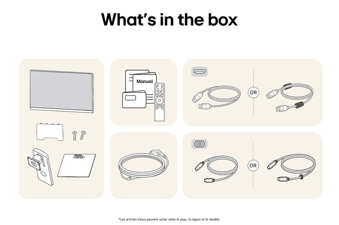 Moniteur LG 37U730SA affichant un aperçu de tous les composants fournis, incluant le corps du moniteur, les pièces du support, le manuel, la télécommande et les câbles HDMI, DP et USB-C.