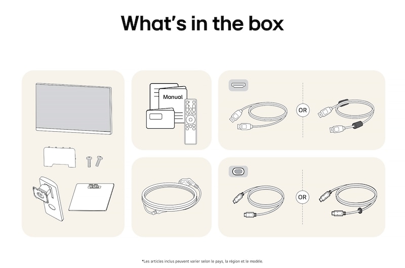 Moniteur LG 37U730SA affichant un aperçu de tous les composants fournis, incluant le corps du moniteur, les pièces du support, le manuel, la télécommande et les câbles HDMI, DP et USB-C.