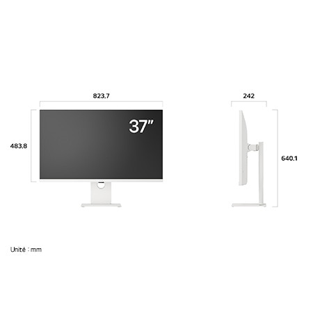 Écran LG UltraFine Display 37U730SA au fini blanc affichant les dimensions de face et de profil, mesurant 823.7 mm de largeur, 483.8 mm de hauteur d'écran, 640.1 mm de hauteur totale et 242 mm de profondeur.