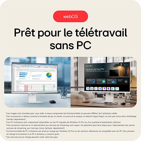 Moniteur LG 37U730SA présentant la fonction webOS avec Bureau à Domicile, permettant de travailler entièrement sans PC grâce à la connexion PC à distance et à l'accès aux applications.