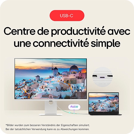 Moniteur LG 37U730SA se présentant comme un hub de productivité avec une connectivité USB-C simple et une fonction de charge de 65W pour les ordinateurs portables.