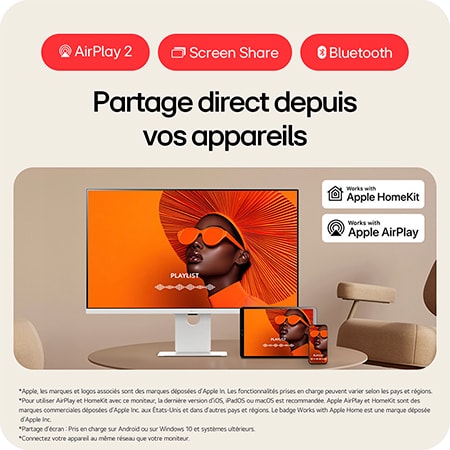 Moniteur LG 37U730SA met en évidence la mise en miroir sans fil de contenu de smartphones et tablettes via AirPlay 2 et Screen Share avec Bluetooth intégré.