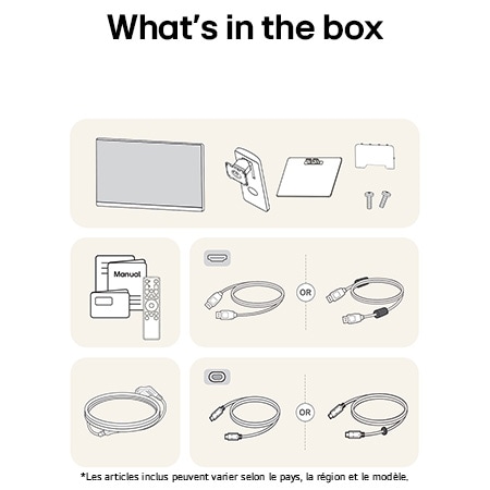 Moniteur LG 37U730SA affichant un aperçu de tous les composants fournis, incluant le corps du moniteur, les pièces du support, le manuel, la télécommande et les câbles HDMI, DP et USB-C.