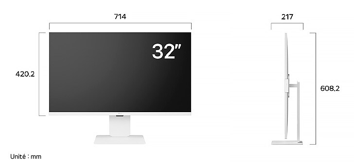 Moniteur LG 32U850SA au fini blanc affichant les dimensions de l'écran de 32 pouces, mesurant 714 mm de largeur, 420.2 mm de hauteur d'écran, 608.2 mm de hauteur totale et 217 mm de profondeur.