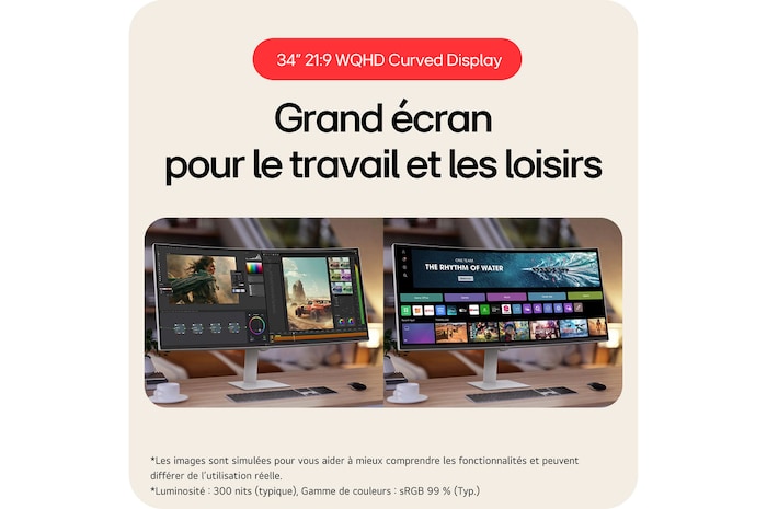 Le LG Smart Monitor 34U601SA est doté d'un écran incurvé WQHD 34 pouces 21:9, idéal à la fois pour la productivité et le divertissement immersif.