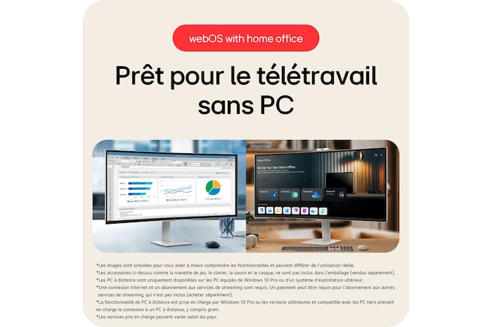 Le LG Smart Monitor 34U601SA permet une configuration de bureau à domicile sans PC, utilisant la prise en charge webOS pour l'accès à distance au PC et diverses applications de productivité.