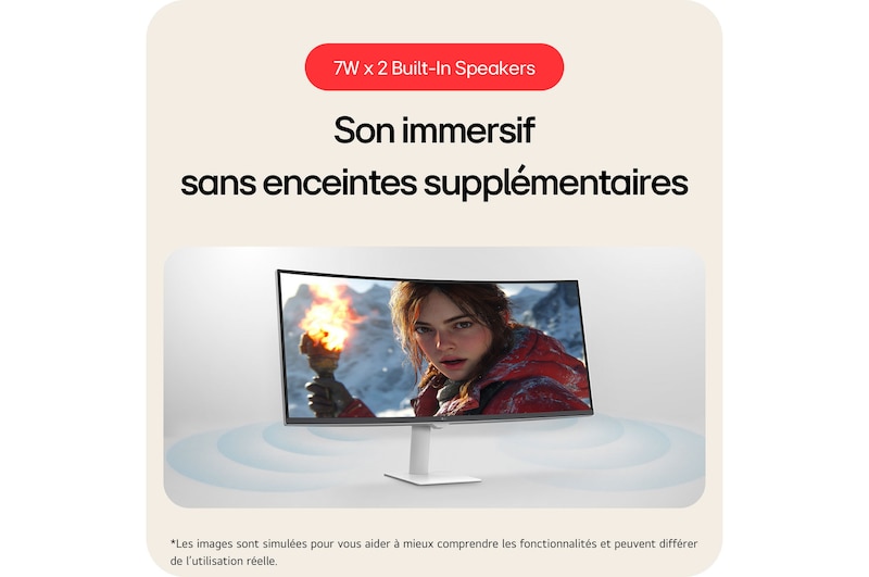 Le LG Smart Monitor 34U601SA offre un son immersif sans haut-parleurs supplémentaires, grâce à ses haut-parleurs intégrés de 7W x 2.