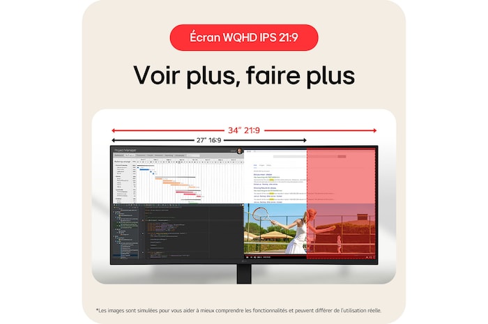 Le LG UltraWide™ Monitor 34U650A utilise un écran WQHD IPS 21:9 pour offrir plus d'espace de travail et un multitâche efficace qu'un moniteur 16:9 standard.