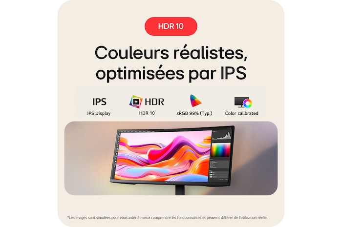 Le LG UltraWide™ Monitor 34U650A offre des couleurs réalistes optimisées par la technologie IPS, avec support HDR 10 et calibrage couleur en usine (sRGB 99 %).