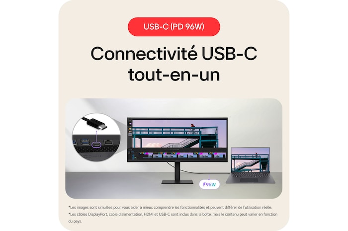 Le LG UltraWide™ Monitor 34U650A offre une connectivité USB-C tout-en-un avec alimentation 96W, permettant les données, la vidéo et la charge via un seul câble.