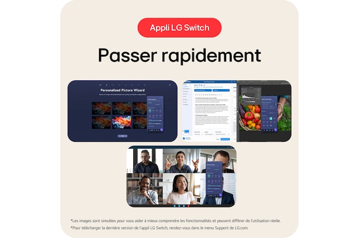 Le LG UltraWide™ Monitor 34U650A permet un changement rapide et des réglages d'image personnalisés à l'aide de l'Appli LG Switch pour le multitâche et la vidéoconférence.