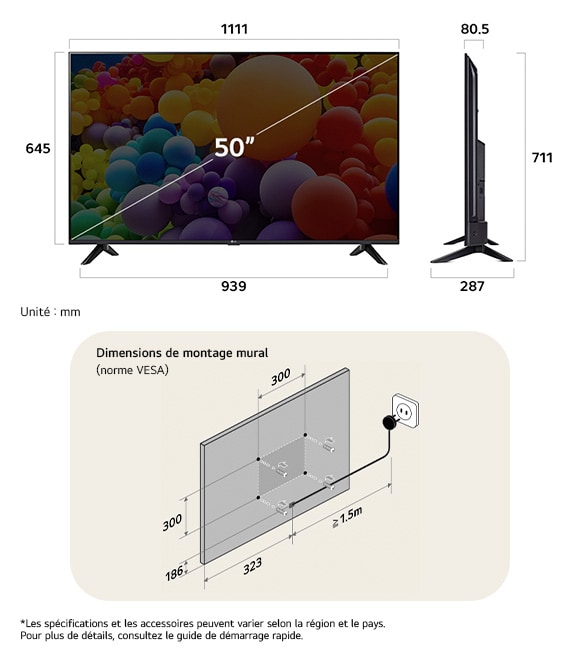 Vue dimensionnelle du LG UHD AI 4K UT73 50-inch, 1111×711×287 mm, panel 80.5 mm, VESA 300x300.