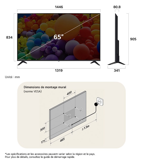 Vue dimensionnelle du LG UHD AI 4K UT73 65-inch, 1446×905×341 mm, panel 80.8 mm, VESA 400x300.