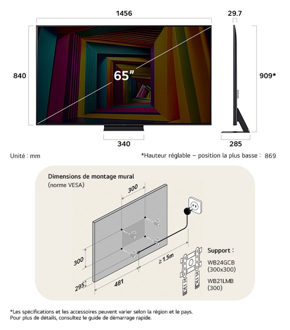 Vue dimensionnelle du LG UHD AI 4K UT91 65-inch, 1456×909×285 mm, panel 29.7 mm, VESA 300x300, lowest position 869 mm.