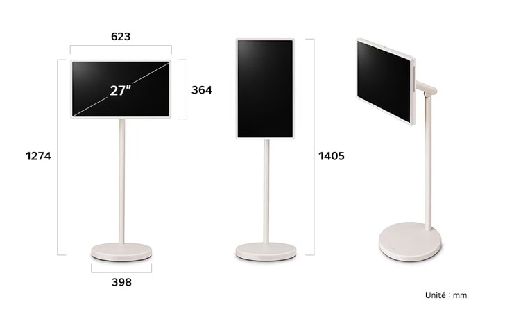LG StanbyME 2 Super Portable Tactile 27" : 623×364×398mm socle, hauteur 1274mm, modes portrait/paysage