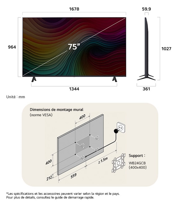 Vue dimensionnelle du LG NanoCell AI NANO81 4K Smart TV 75-inch, 1678×1027×361 mm, panel 59.9 mm, VESA 400x400.