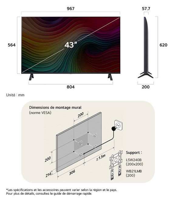 Vue dimensionnelle du LG NanoCell AI NANO82 4K Smart TV 43-inch, 967×620×200 mm, panel 57.7 mm, VESA 200x200.      