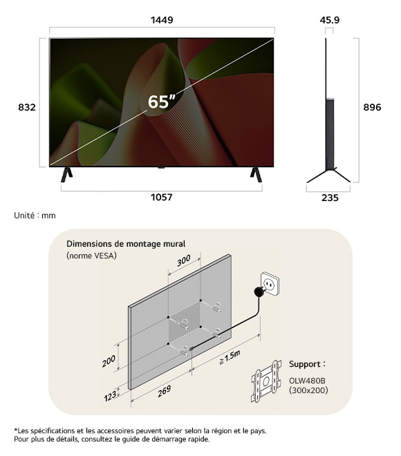 Vue
dimensionnelle du LG OLED AI B4 4K 65-inch, 1449×896×235 mm, panel 45.9 mm,
VESA 300x200.