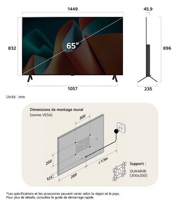 Vue dimensionnelle du LG OLED AI B4 4K 65-inch, 1449×896×235 mm, panel 45.9 mm, VESA 300x200.                      