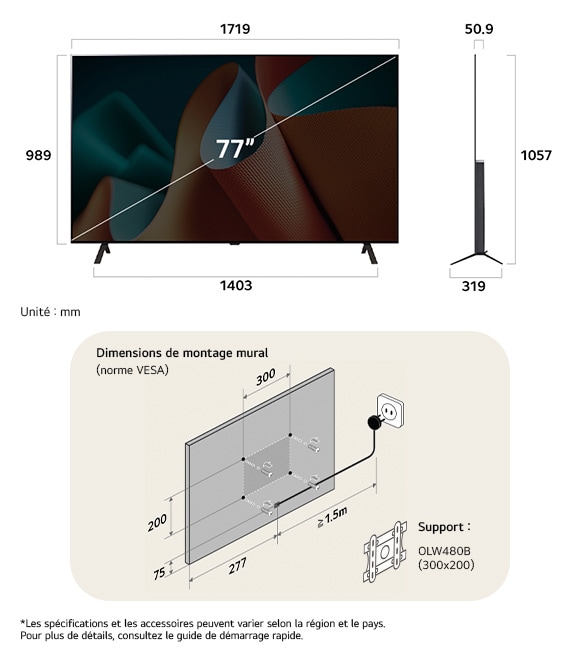 Vue dimensionnelle du LG OLED AI B4 4K 77-inch, 1719×1057×319 mm, panel 50.9 mm, VESA 300x200.                     