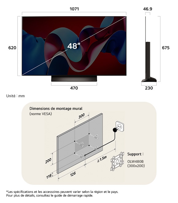 Vue dimensionnelle du LG OLED evo AI C4 4K 48-inch, 1071×675×230 mm, panel 46.9 mm, VESA 300x200.                  