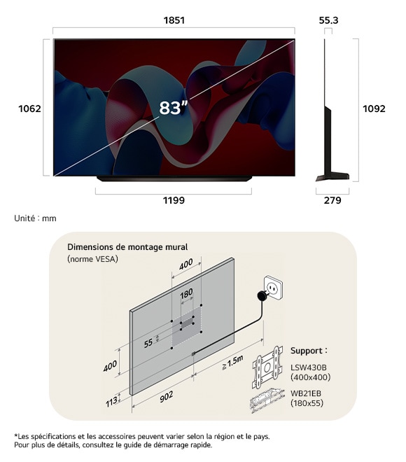 Vue dimensionnelle du LG OLED evo AI C4 4K 83-inch, 1851×1092×279 mm, panel 55.3 mm, VESA 400x400.                 