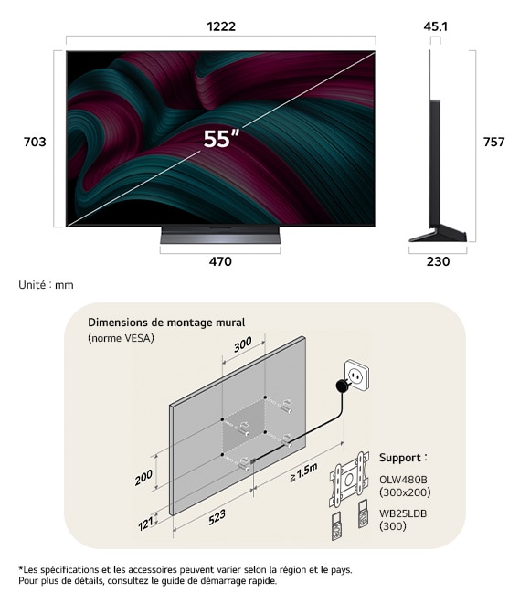 Vue dimensionnelle du LG OLED evo AI C5 4K 55-inch, 1222×757×230 mm, panel 45.1 mm, VESA 300x200.                  