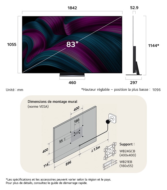 Vue dimensionnelle du LG OLED evo AI C5 4K 83-inch, 1842×1144×297 mm, panel 52.9 mm, VESA 400x400, lowest position 1096 mm.