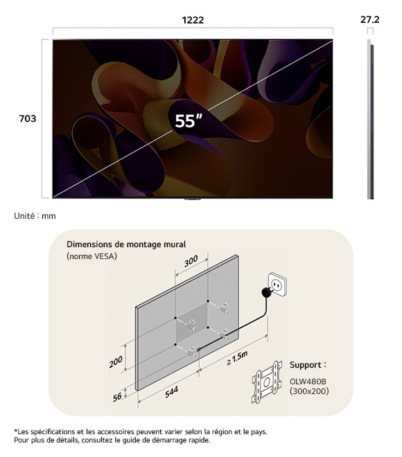 Vue dimensionnelle du LG OLED evo AI G4 4K 55-inch, 1222×787×263 mm, panel 27.2 mm, VESA 300x200, lowest position 742 mm.
