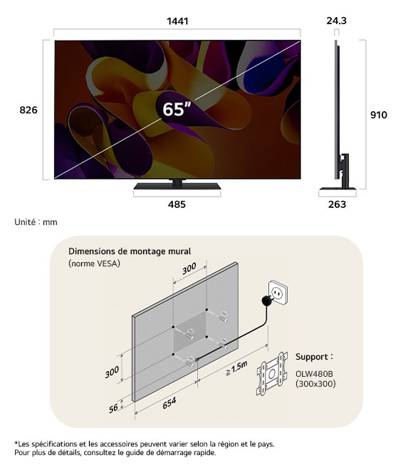 Vue dimensionnelle du LG OLED evo AI G4 4K 65-inch, 1441×910×263 mm, panel 24.3 mm, VESA 300x300, lowest position 865 mm.